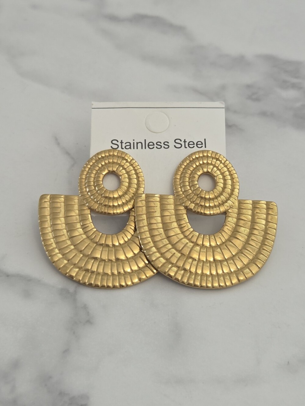 Stainless Steel Gold Textured Geometric Fan Drop Earrings - Picture 3 of 11